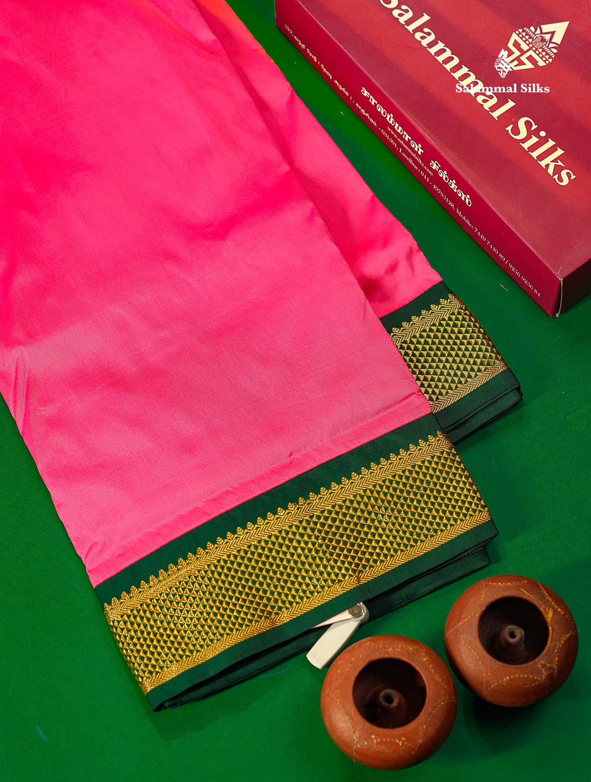9 Yards Semi Silk Saree Peacock Green With Contrast Pink Traditional Border