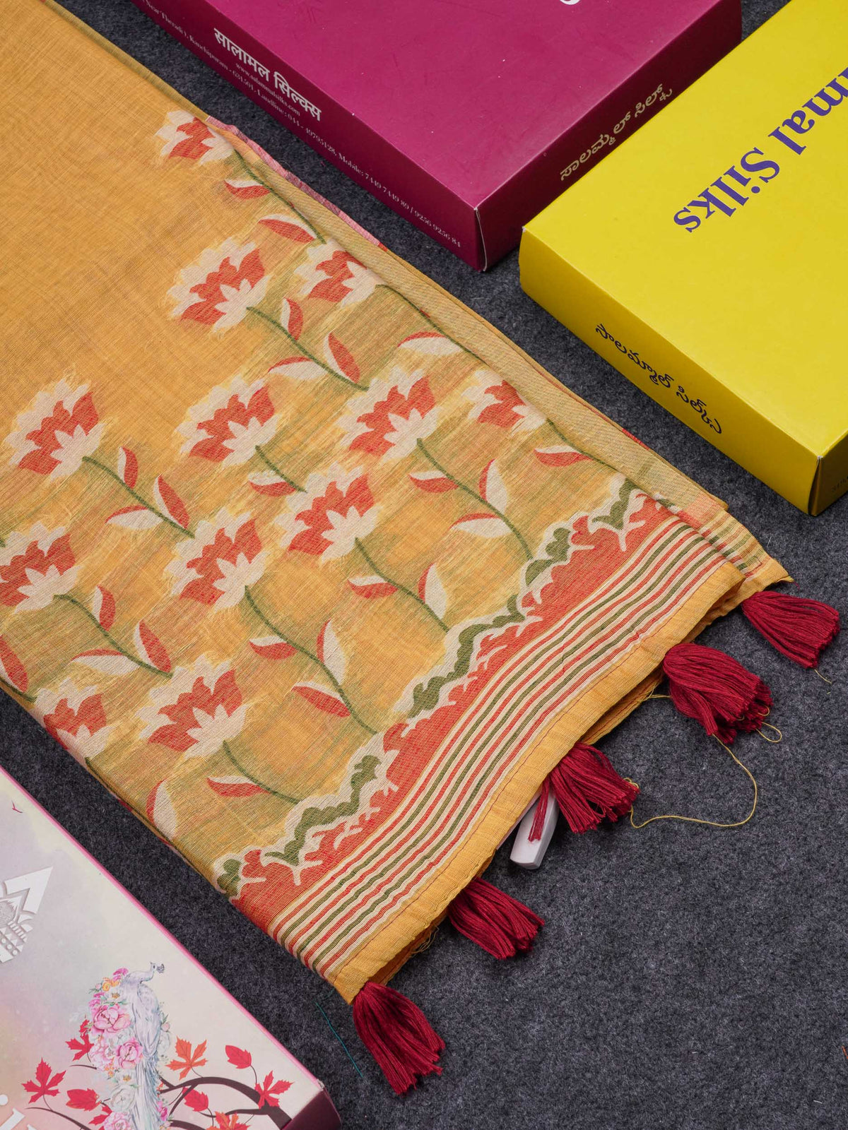 Beautiful Mustard Yellow Thread Work Butta Muga Cotton Saree With Contrast Red Blouse