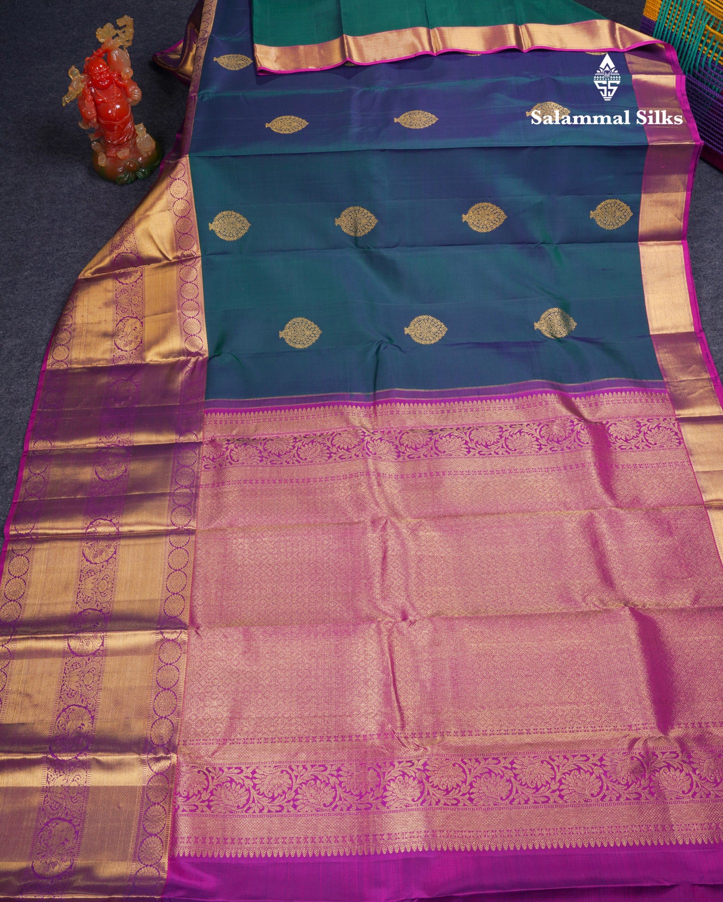 Beautiful Dual Tone Peacock Blue Pure Kanjivaram Silk Saree With Contrast Magenta Pink Traditional Long Border