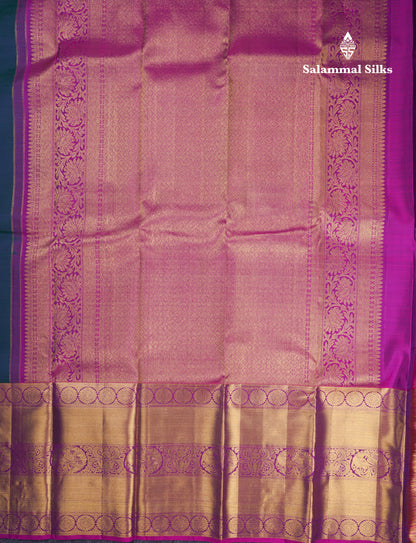 Beautiful Dual Tone Peacock Blue Pure Kanjivaram Silk Saree With Contrast Magenta Pink Traditional Long Border