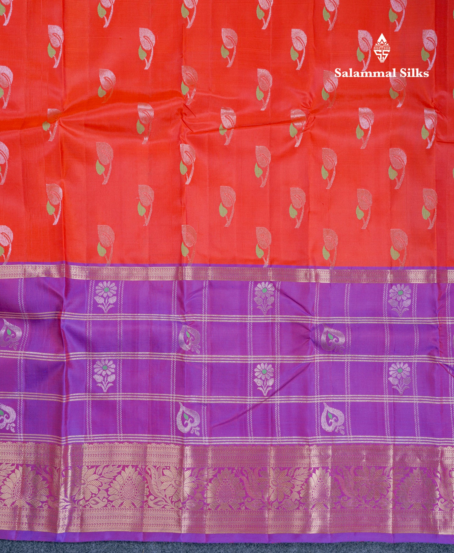 Chilly Red Mennakari Work Pure Silk Mix Saree With Contrast Long Purple Border