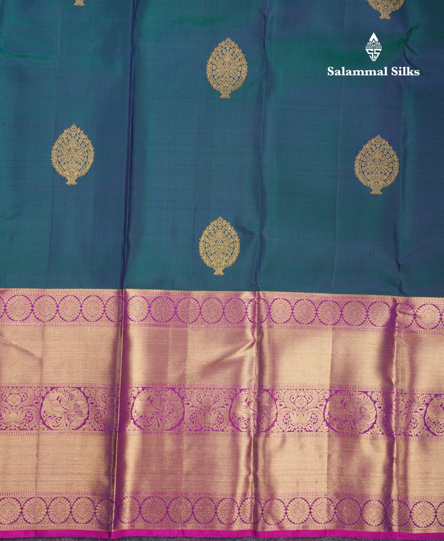 Beautiful Dual Tone Peacock Blue Pure Kanjivaram Silk Saree With Contrast Magenta Pink Traditional Long Border