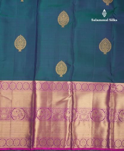 Beautiful Dual Tone Peacock Blue Pure Kanjivaram Silk Saree With Contrast Magenta Pink Traditional Long Border