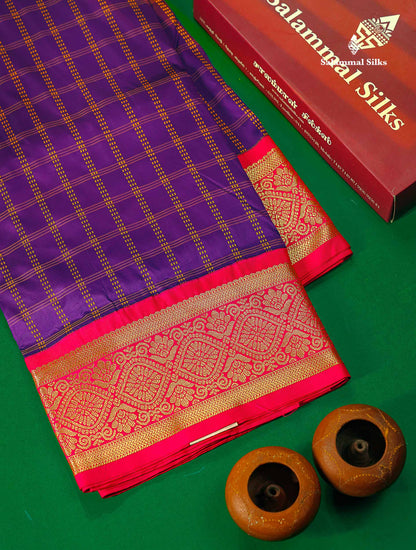 Semi Silk Saree - Dark Purple Colour Body Checks With Contrast Pink Traditional Border | 9.5 Yards