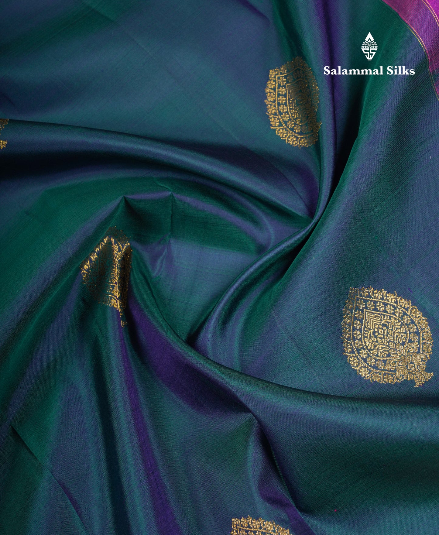 Beautiful Dual Tone Peacock Blue Pure Kanjivaram Silk Saree With Contrast Magenta Pink Traditional Long Border