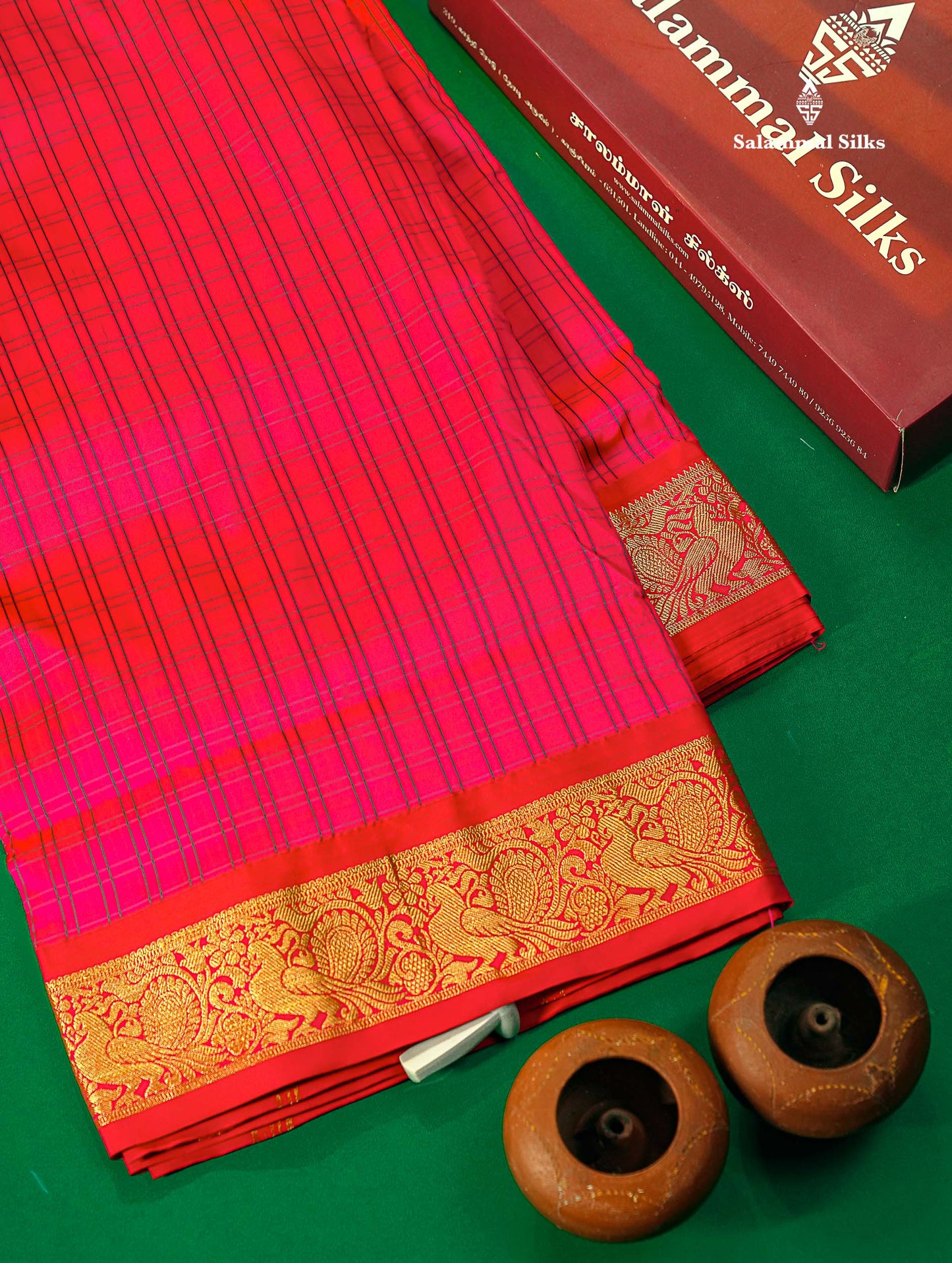 10 Yards Art Silk Saree Peacock Blue Checks with Traditional Border