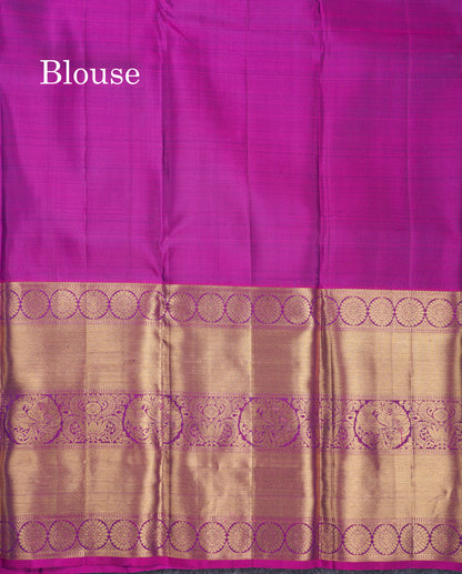Beautiful Dual Tone Peacock Blue Pure Kanjivaram Silk Saree With Contrast Magenta Pink Traditional Long Border