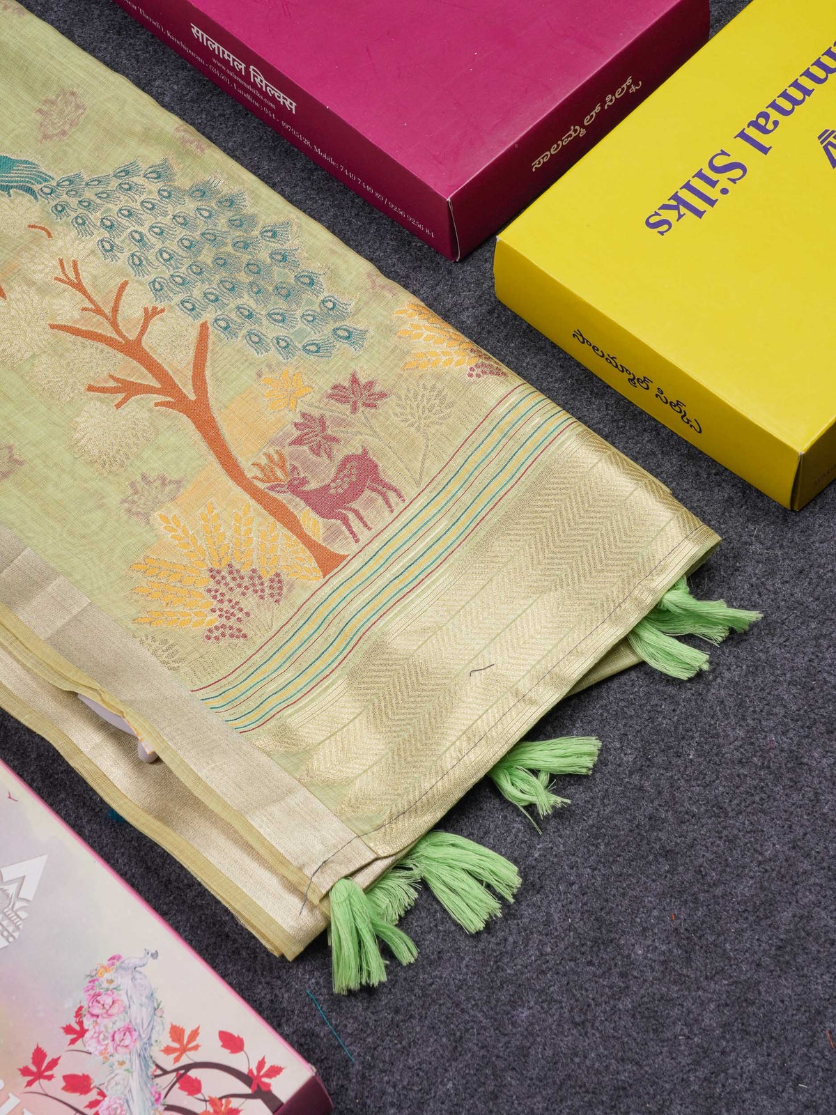Beautiful Light Green Menakari Work Muga Cotton Saree With Small Ribbon Border