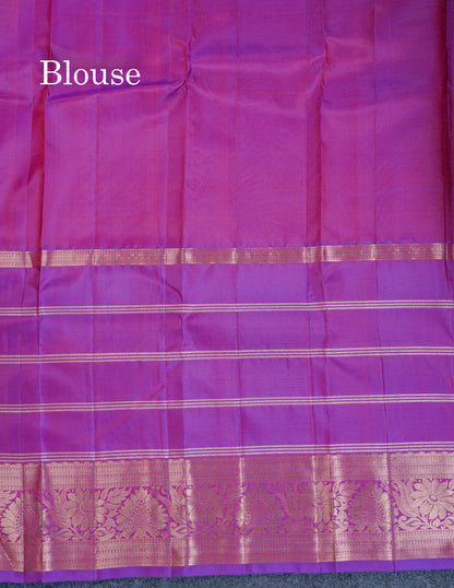 Chilly Red Mennakari Work Pure Silk Mix Saree With Contrast Long Purple Border