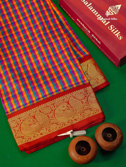 11 Yards Semi Silk Saree Multicolour Checks with Contrast Traditional Maroon Border