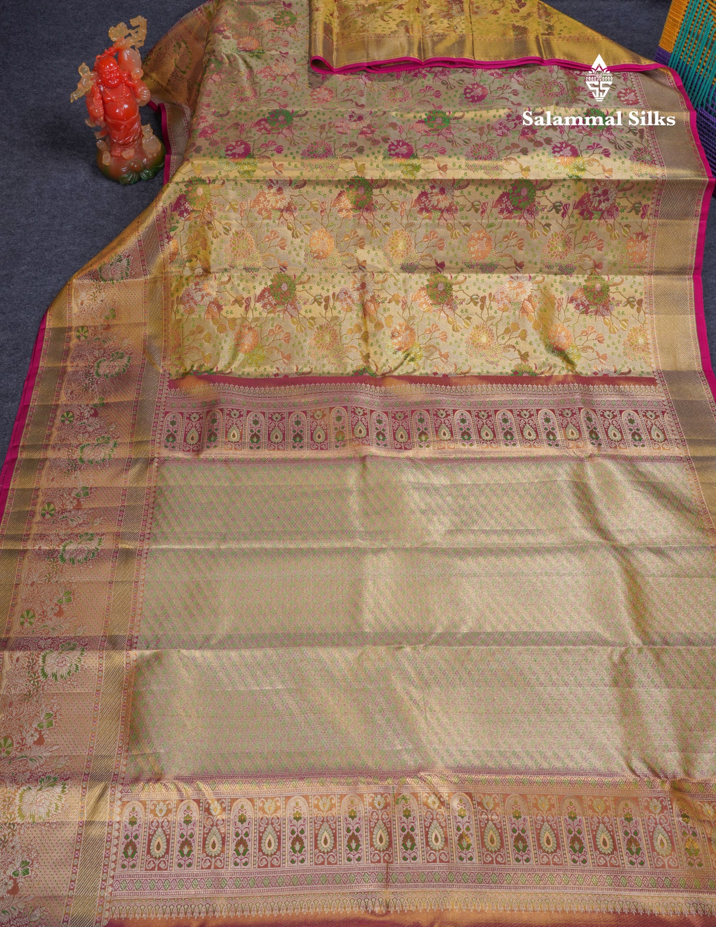 Beautiful Gold Tissue Menakari Work Bridal Pure Kanjivaram Silk Saree With Evening Morning Border