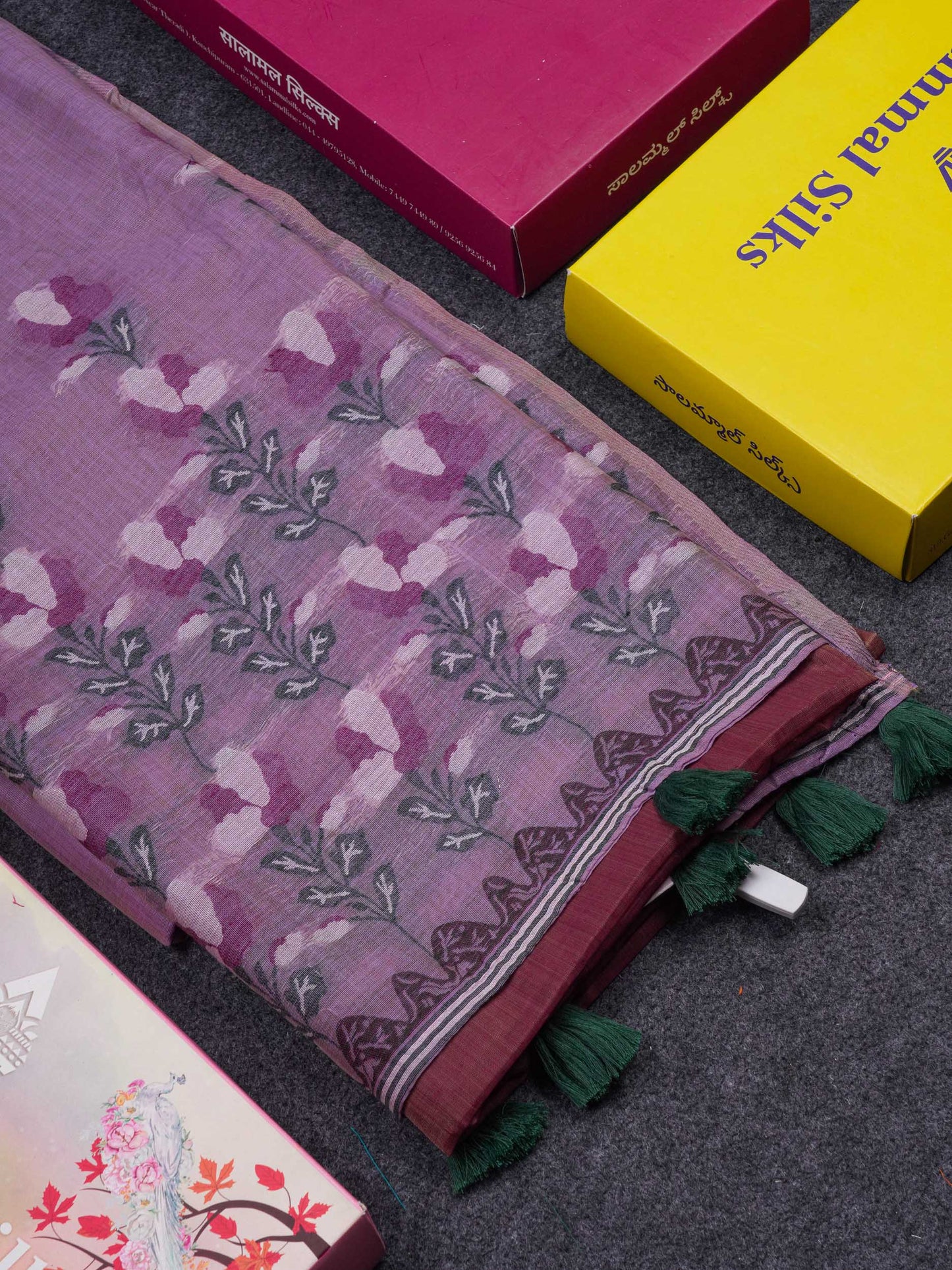 Beautiful Lavender Thread Work Butta Cotton Mix Saree With Contrast Magenta Blouse