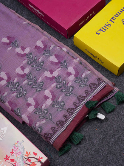 Beautiful Lavender Thread Work Butta Cotton Mix Saree With Contrast Magenta Blouse