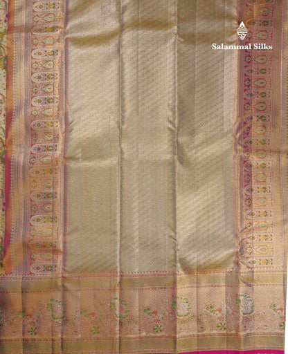 Beautiful Gold Tissue Menakari Work Bridal Pure Kanjivaram Silk Saree With Evening Morning Border