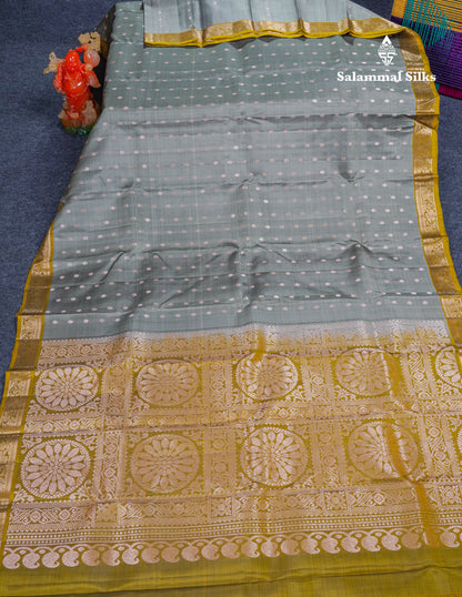 Grey Pure Silk Mix Saree With Contrast Olive Mustard Yellow Blouse