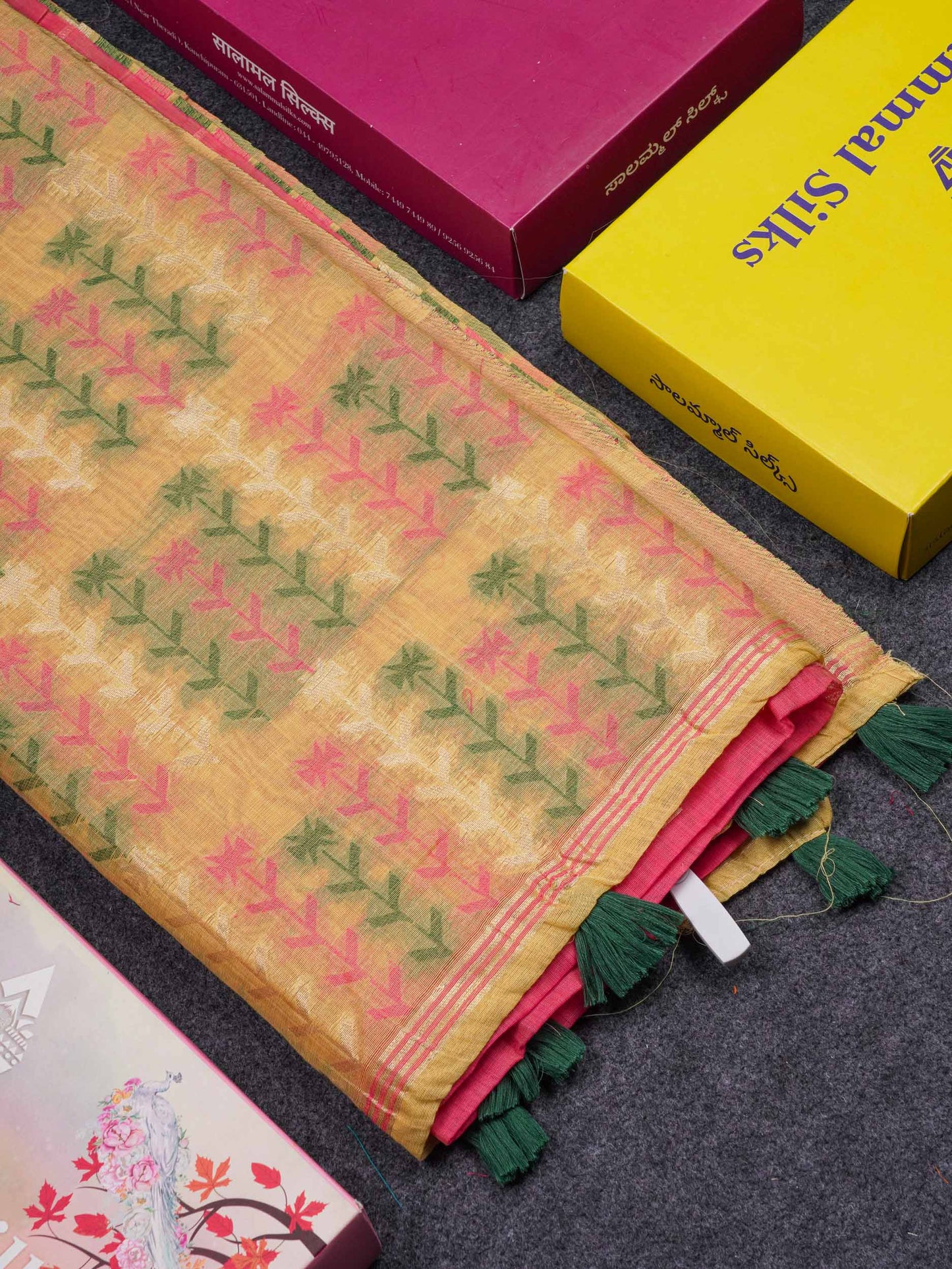 Beautiful Light Yellow Menakari Thread Work Butta Muga Cotton Saree With Contrast Pink Blouse
