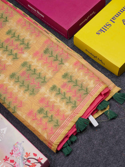 Beautiful Light Yellow Menakari Thread Work Butta Muga Cotton Saree With Contrast Pink Blouse