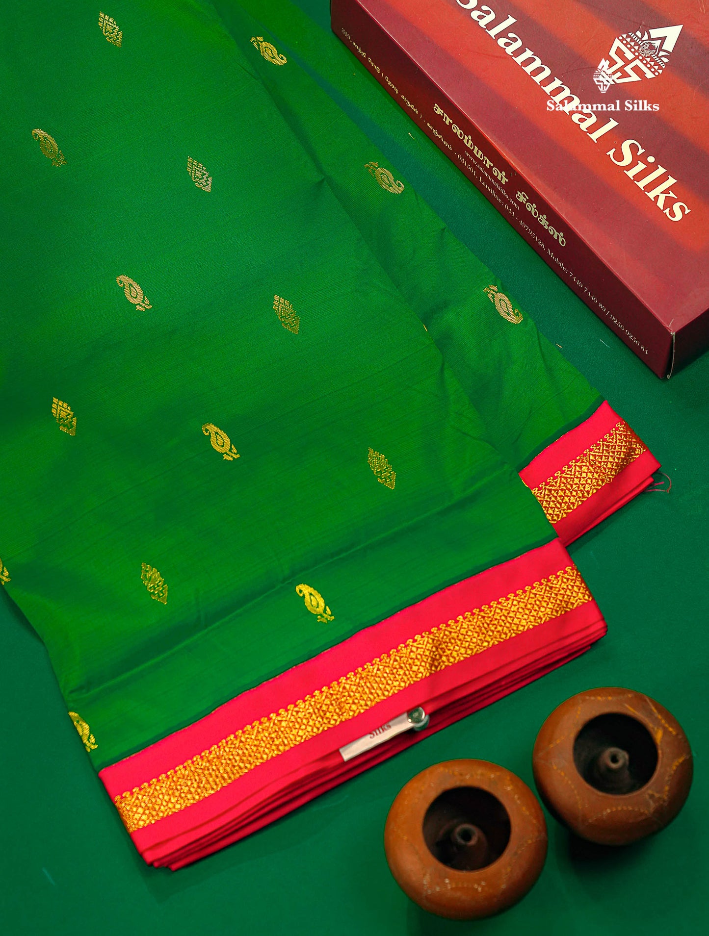 Semi Silk Saree - Green Colour Body Zari Buttas With Contrast Pink Small Border | 10 Yards