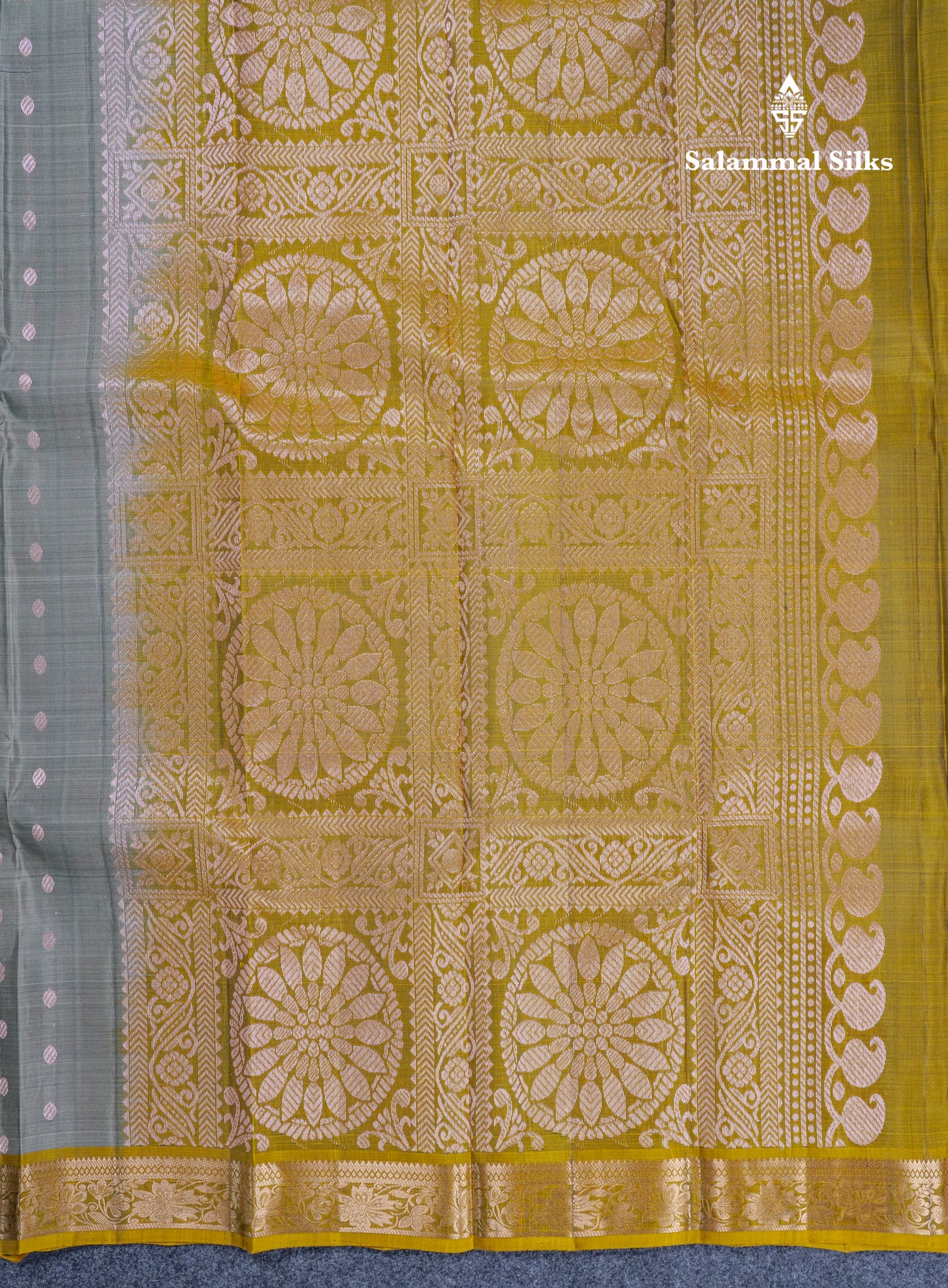 Grey Pure Silk Mix Saree With Contrast Olive Mustard Yellow Blouse