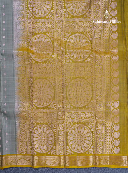 Grey Pure Silk Mix Saree With Contrast Olive Mustard Yellow Blouse