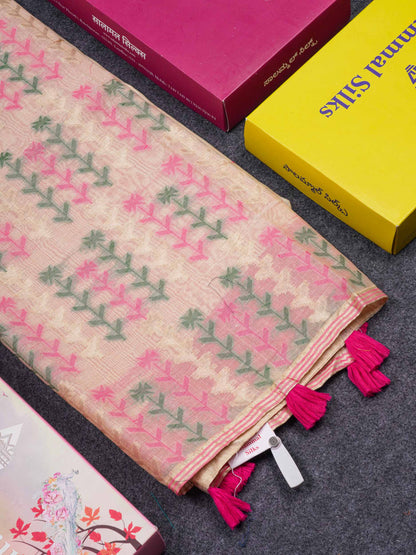 Beautiful Light Yellow Menakari Thread Work Butta Muga Cotton Saree With Contrast Pink Blouse