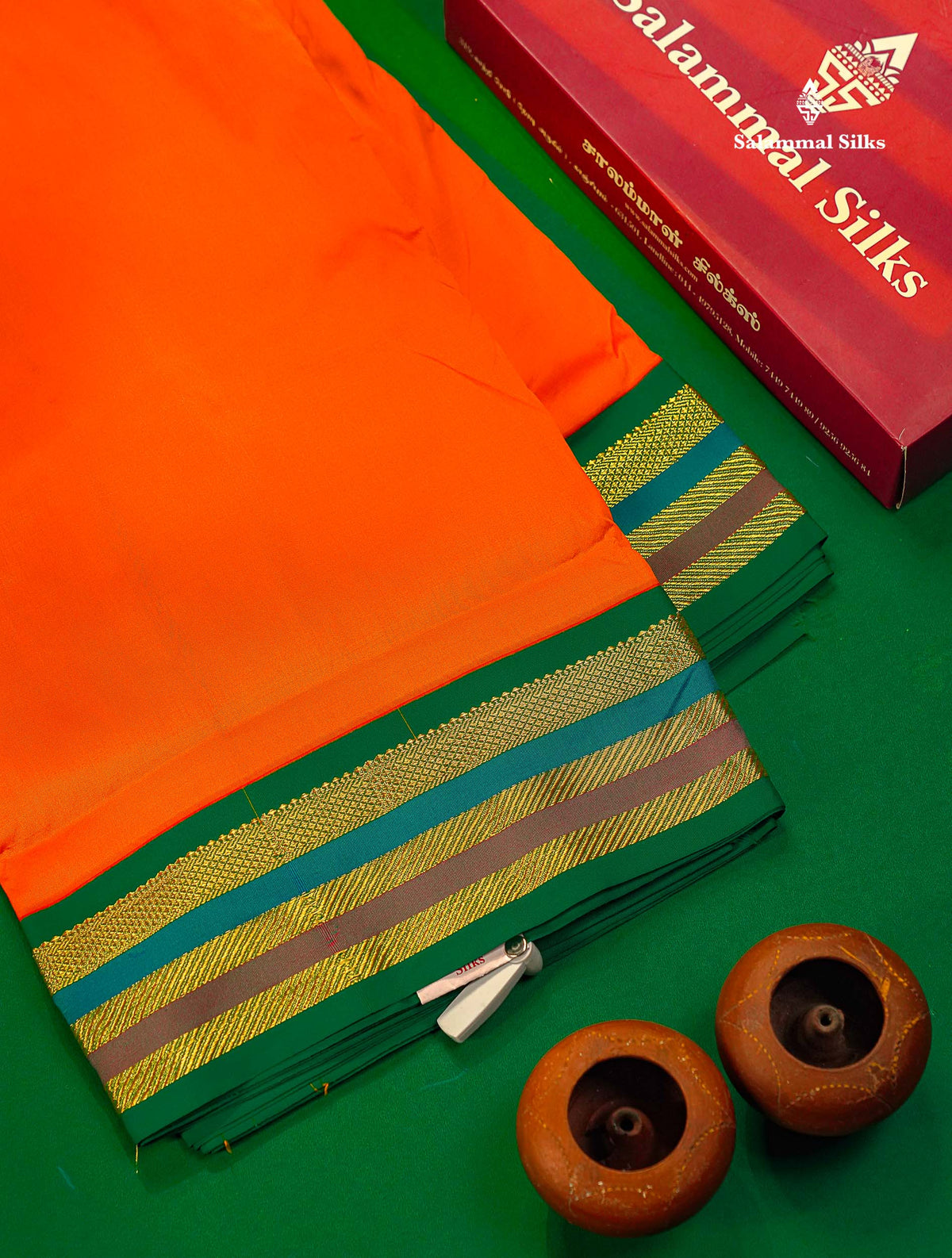 10.5 Yards Semi Silk Saree Green With Contrast Pink Traditional Border