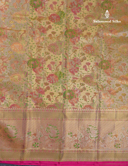 Beautiful Gold Tissue Menakari Work Bridal Pure Kanjivaram Silk Saree With Evening Morning Border