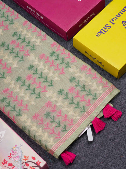 Beautiful Light Yellow Menakari Thread Work Butta Muga Cotton Saree With Contrast Pink Blouse