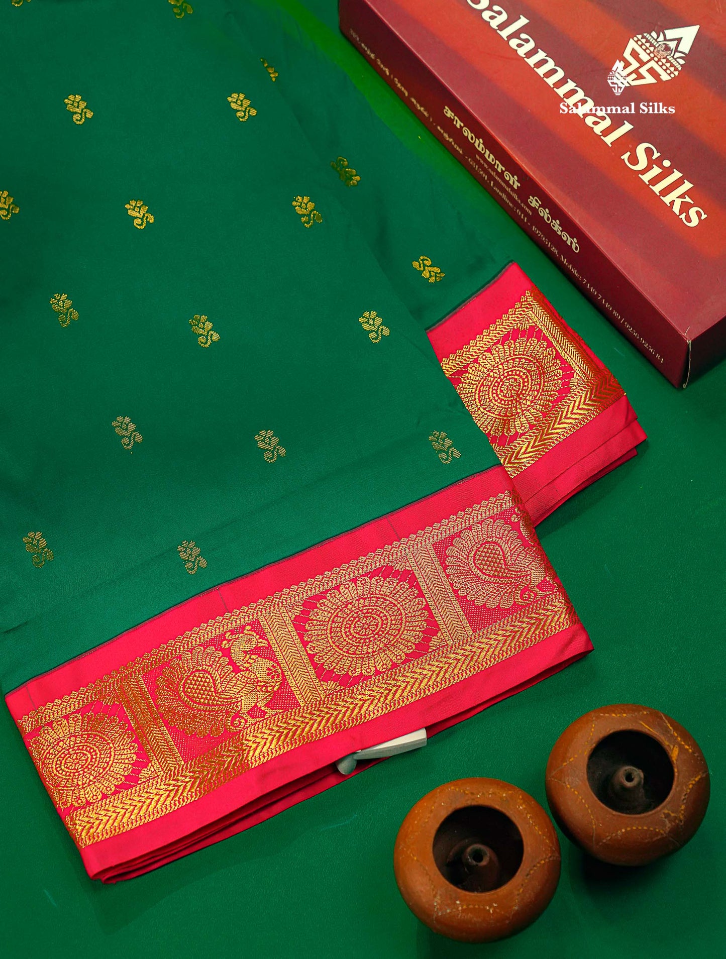Semi Silk Saree - Bottle Green Colour Body Zari Butta With Contrast Pink Traditional Border | 10.5 Yards