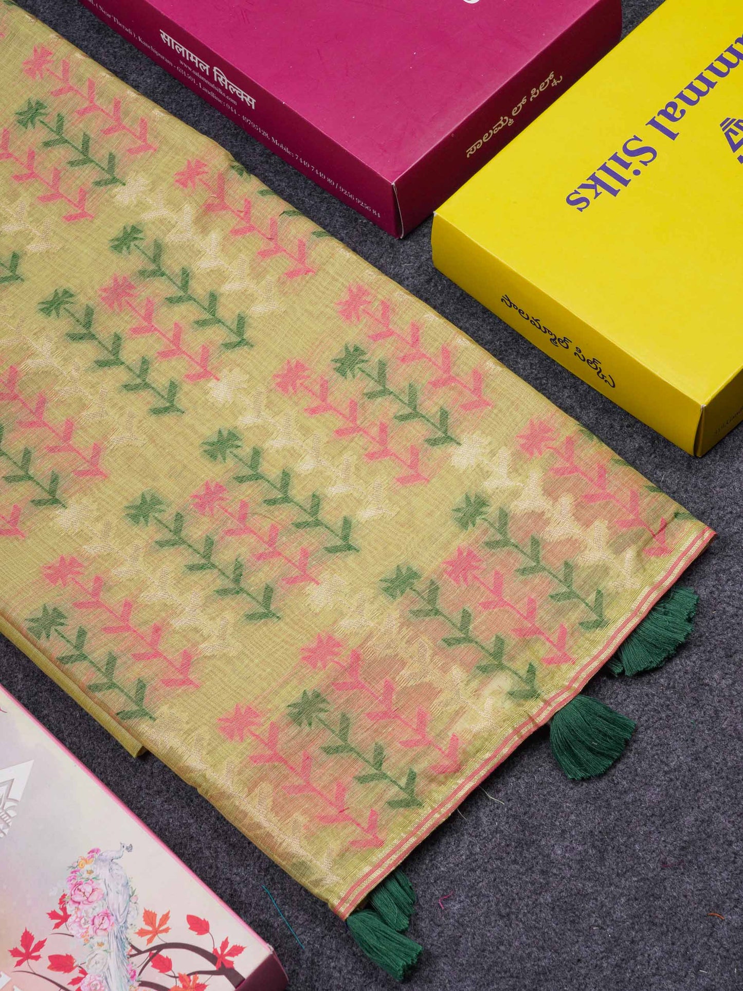 Beautiful Light Yellow Menakari Thread Work Butta Muga Cotton Saree With Contrast Pink Blouse