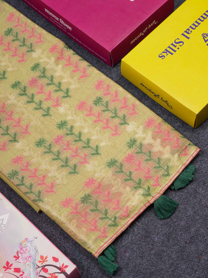 Beautiful Light Yellow Menakari Thread Work Butta Muga Cotton Saree With Contrast Pink Blouse