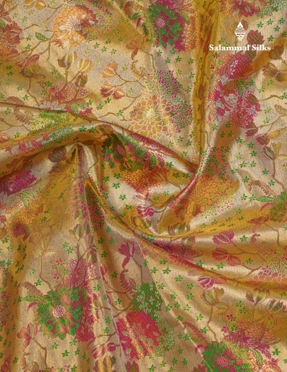 Beautiful Gold Tissue Menakari Work Bridal Pure Kanjivaram Silk Saree With Evening Morning Border