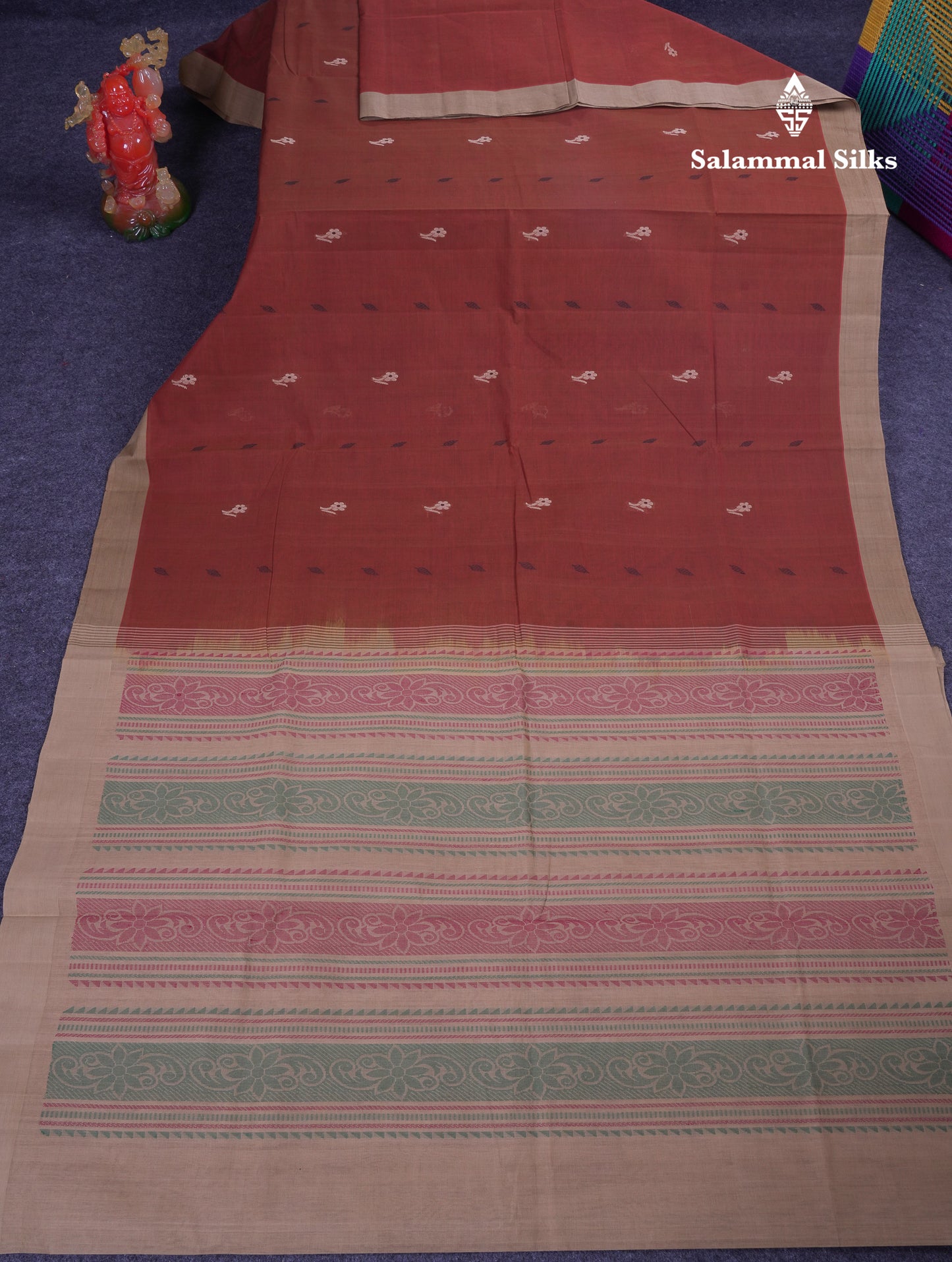 Beautiful Brown Thread Work Butta Handloom Pure Cotton Saree With Contrast Cream Sandal Border