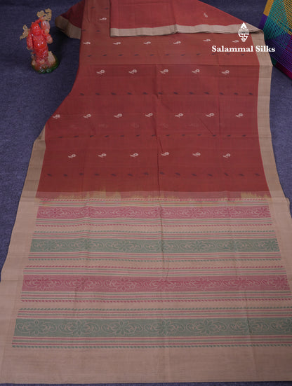 Beautiful Brown Thread Work Butta Handloom Pure Cotton Saree With Contrast Cream Sandal Border