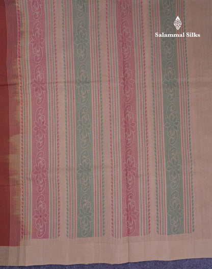 Beautiful Brown Thread Work Butta Handloom Pure Cotton Saree With Contrast Cream Sandal Border
