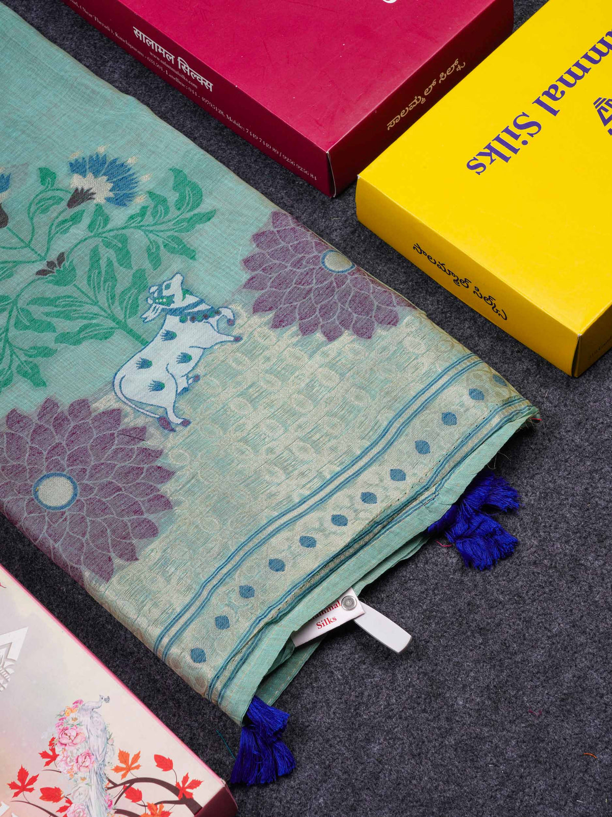 Beautiful Sapphire Green Menakari Work Butta Muga Cotton Saree With Contrast Navy Blue Blouse