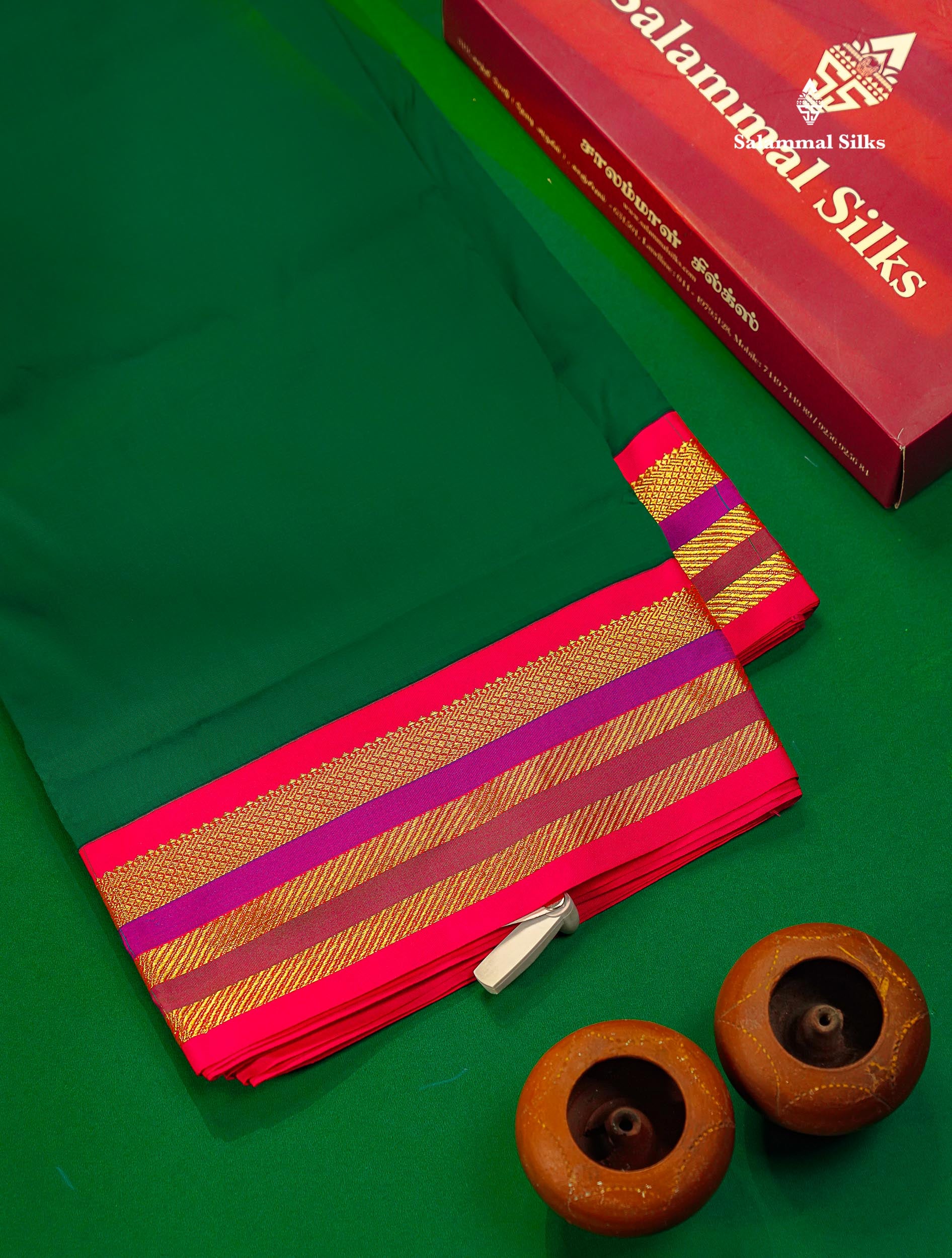 Semi Silk Saree - Bottle Green Colour Body Plain With Contrast Pink Traditional Border | 10 Yards
