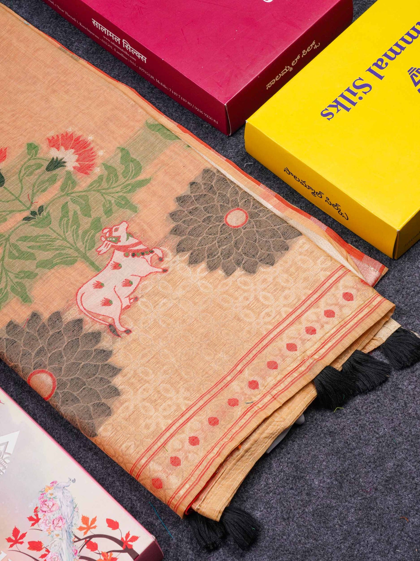 Beautiful Sapphire Green Menakari Work Butta Muga Cotton Saree With Contrast Navy Blue Blouse