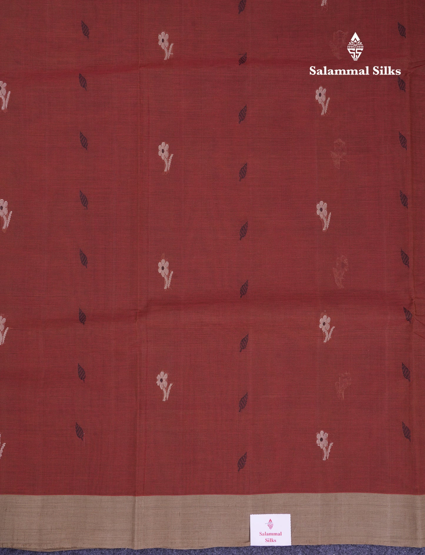 Beautiful Brown Thread Work Butta Handloom Pure Cotton Saree With Contrast Cream Sandal Border
