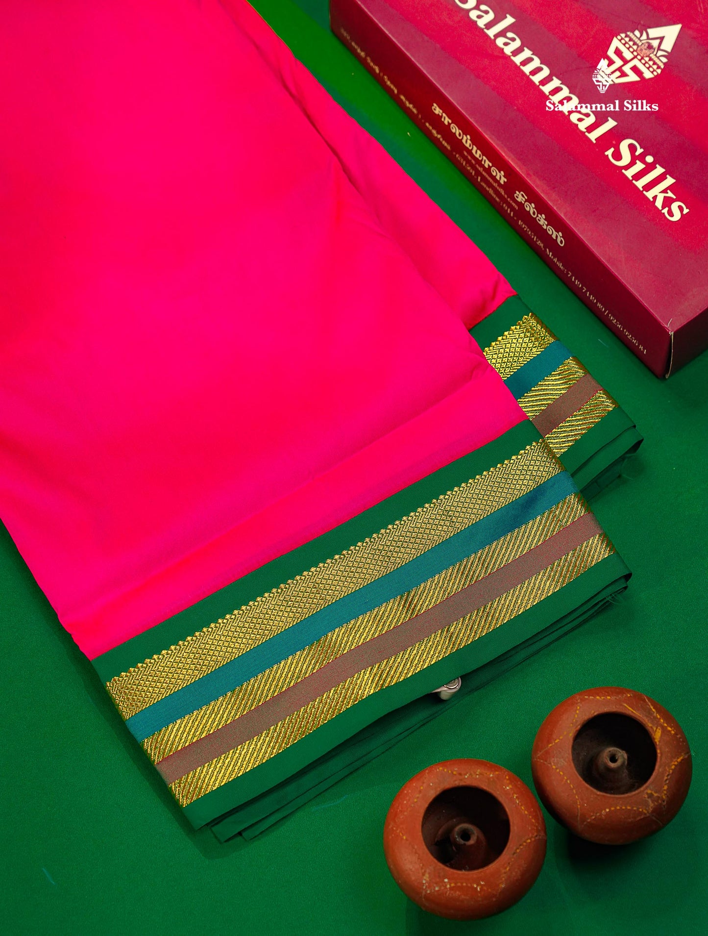 Semi Silk Saree - Pink Colour Body Plain With Contrast Green Traditional Border | 10 Yards