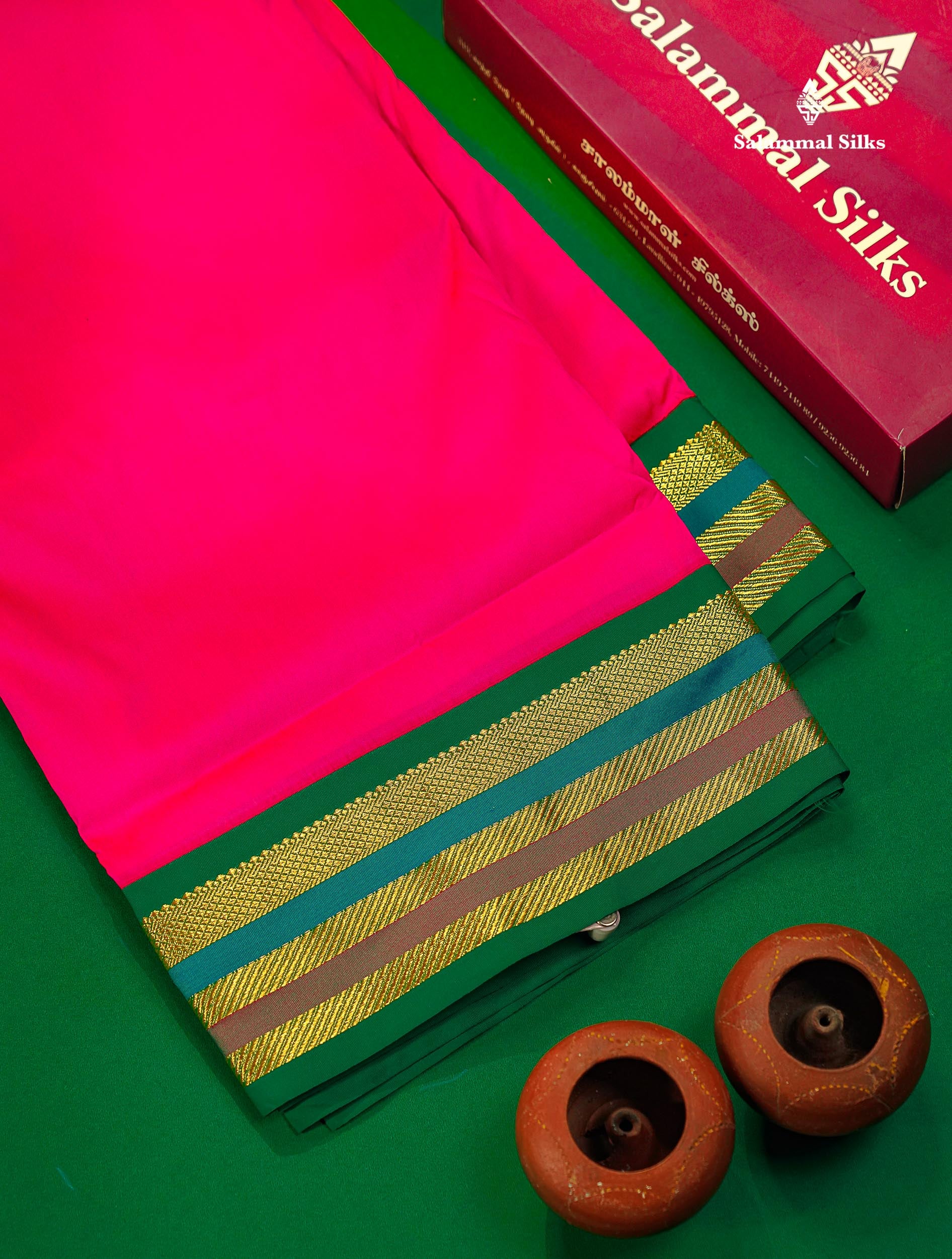 Semi Silk Saree - Pink Colour Body Plain With Contrast Green Traditional Border | 10 Yards