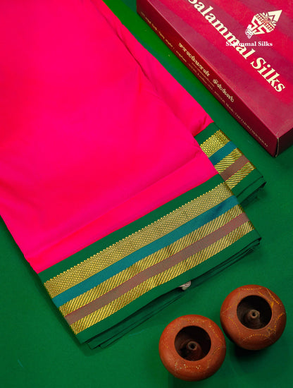 Semi Silk Saree - Pink Colour Body Plain With Contrast Green Traditional Border | 10 Yards