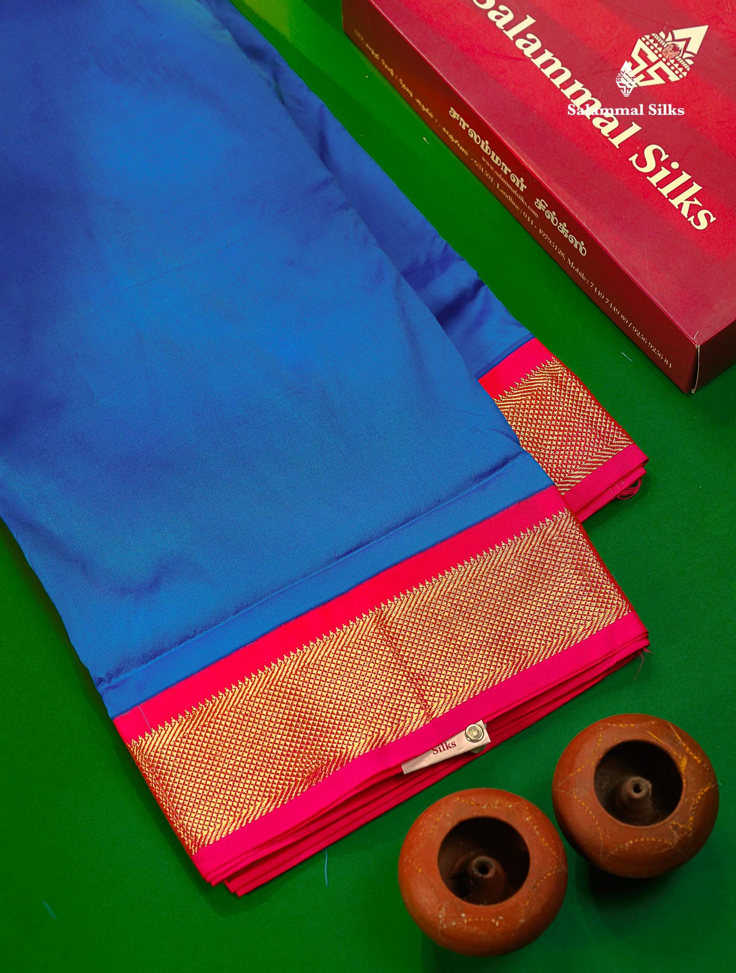 9.5 Yards Semi Silk Saree Royal Blue With Contrast Pink Traditional Border