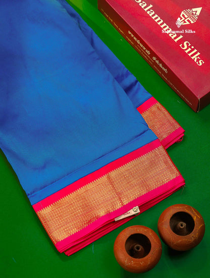 9.5 Yards Semi Silk Saree Royal Blue With Contrast Pink Traditional Border