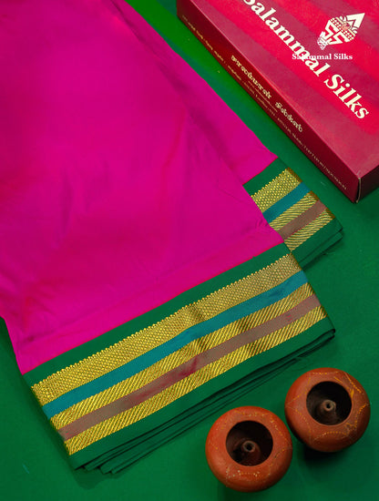 10.5 Yards Semi Silk Saree Green With Contrast Pink Traditional Border