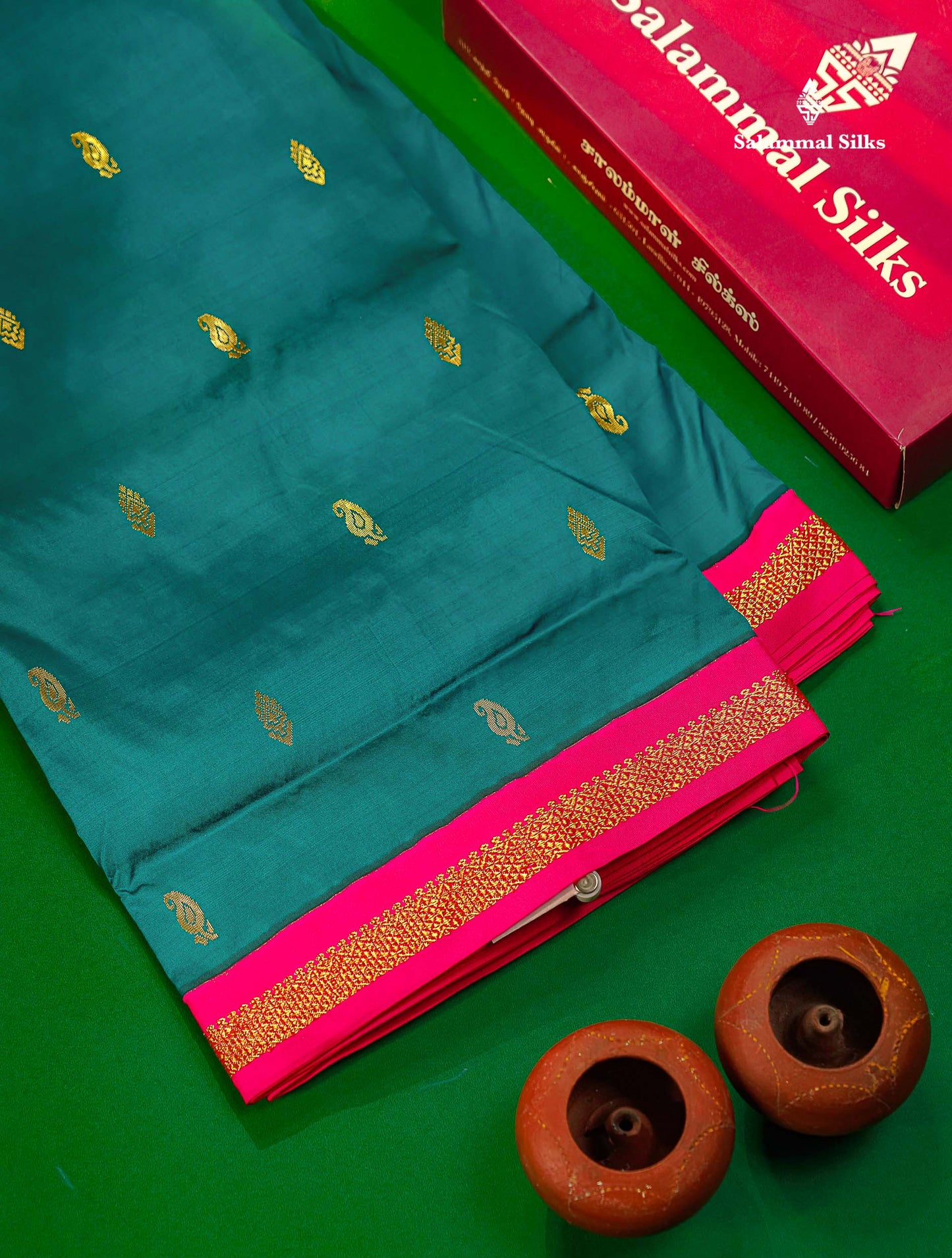 Semi Silk Saree - Ramar Blue Colour Body Zari Buttas With Contrast Pink Small Border | 10 Yards 