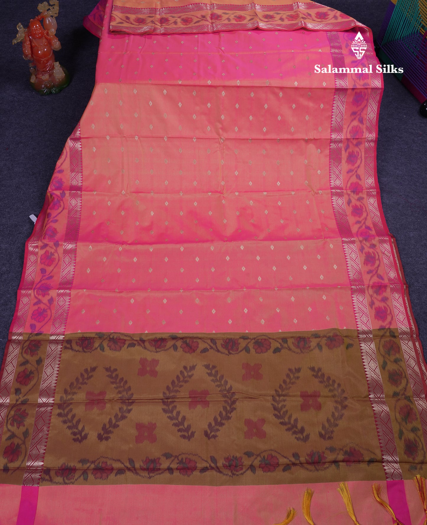 Beautiful Dual Tone Pink Semi Silk Saree With Contrast Brown Pochampalli Blouse