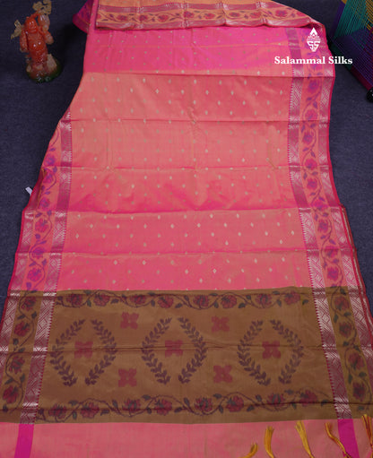 Beautiful Dual Tone Pink Semi Silk Saree With Contrast Brown Pochampalli Blouse