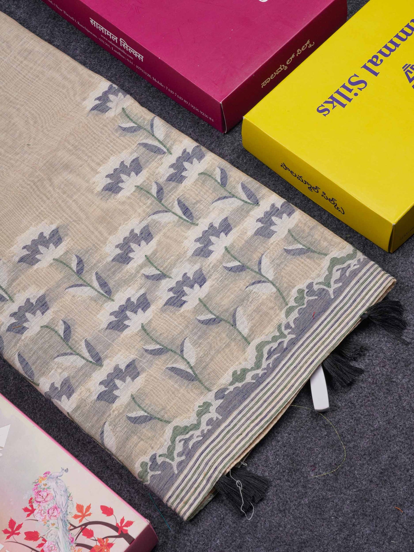 Beautiful Cream Sandal Thread Work Cotton Mix Saree With Contrast Navy Blue Blouse