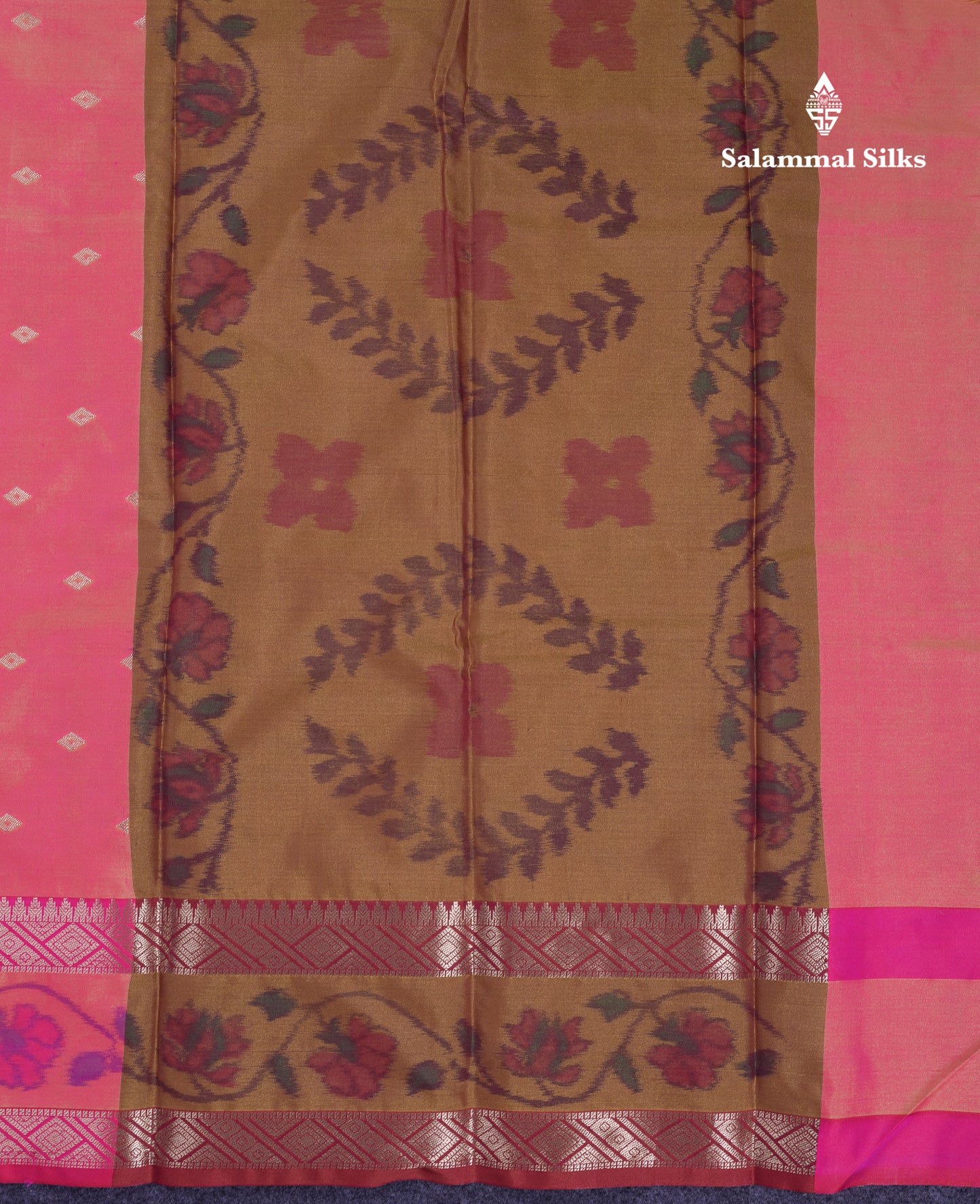 Beautiful Dual Tone Pink Semi Silk Saree With Contrast Brown Pochampalli Blouse